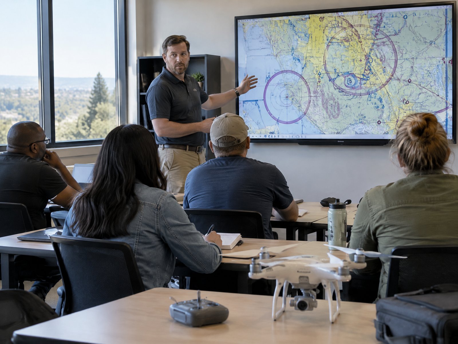 Adult learners in a drone ground-school classroom with an instructor beside a sectional chart